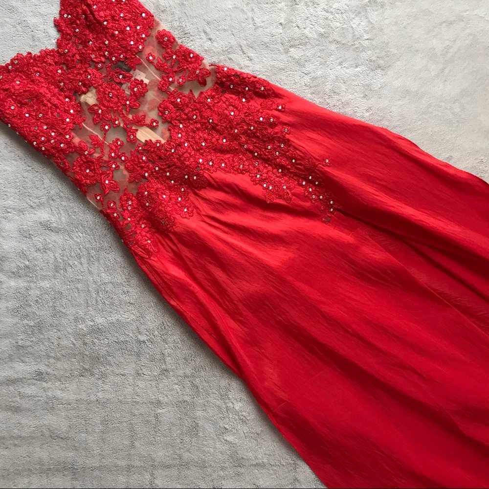 Jovani Corset Embellished Illusion Red Floral Gown Dress Prom Wedding Pageant